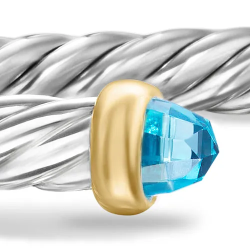 Cable Flex Bracelet in Sterling Silver with 14K Yellow Gold and Blue Topaz, 4mm