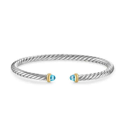 Cable Flex Bracelet in Sterling Silver with 14K Yellow Gold and Blue Topaz, 4mm