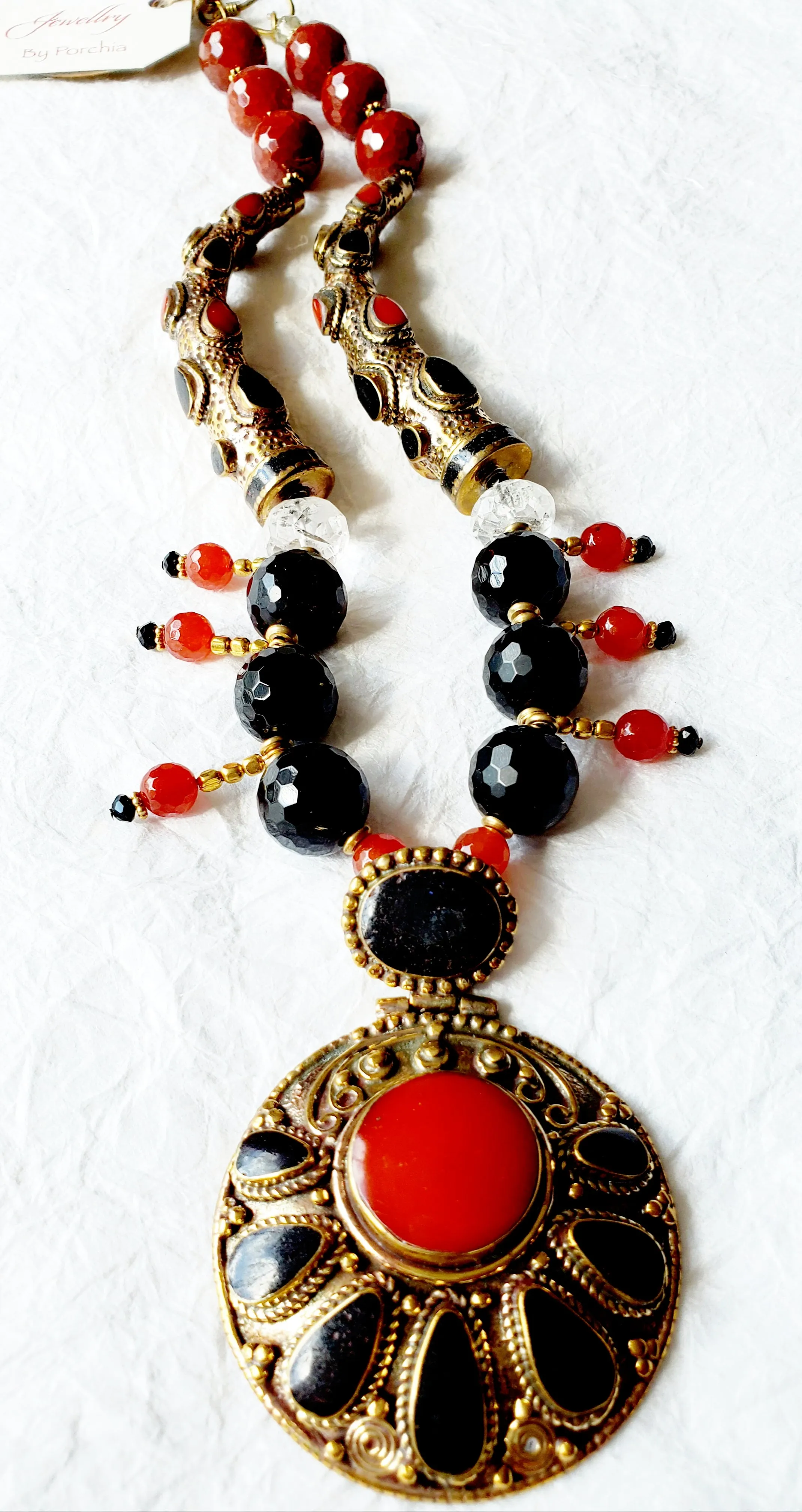 Carnelian Smokey Quartz Solid Brass Nepalese Exotic Bold Statement Necklace, NLO1693 The Falcon