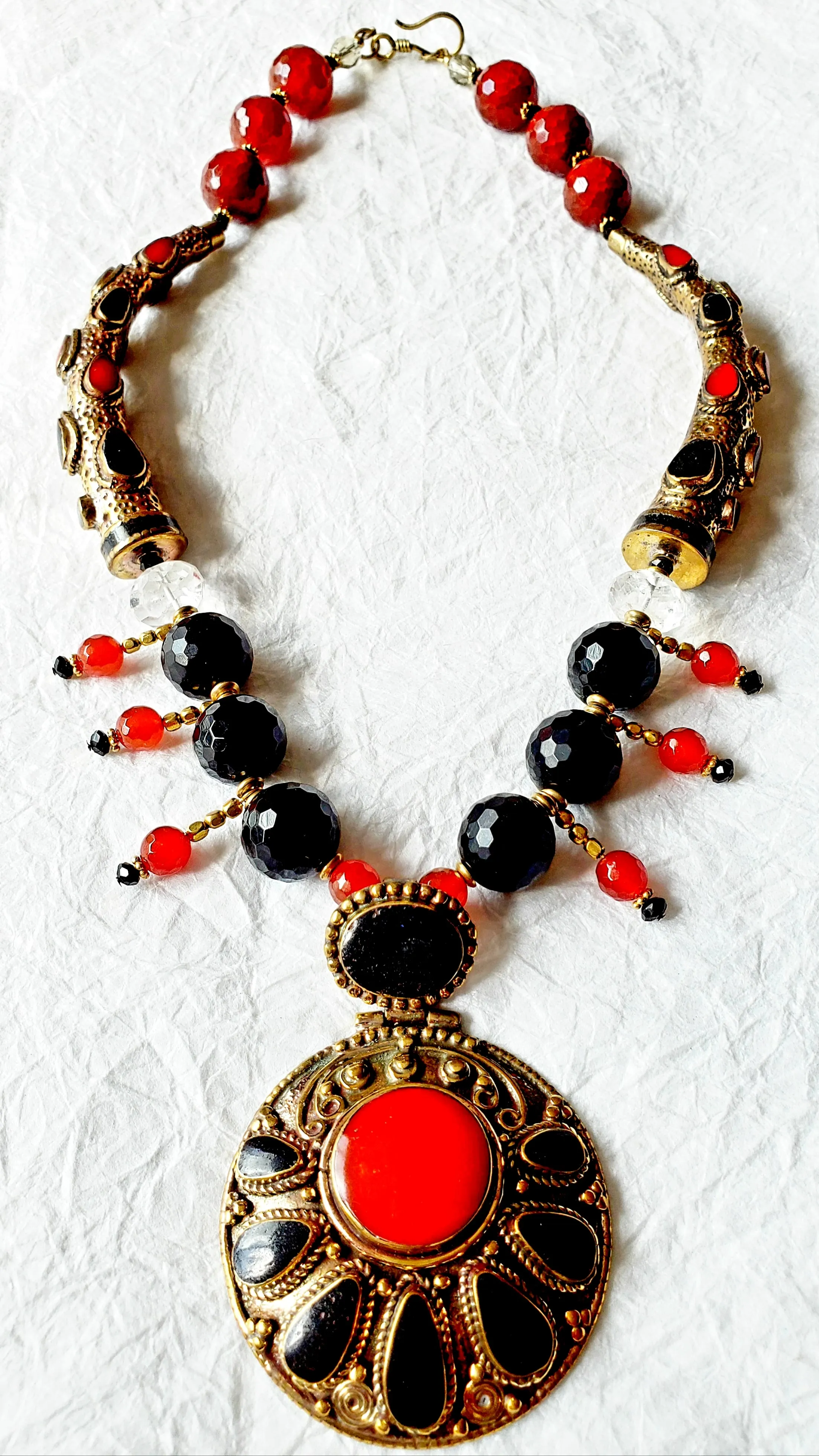 Carnelian Smokey Quartz Solid Brass Nepalese Exotic Bold Statement Necklace, NLO1693 The Falcon