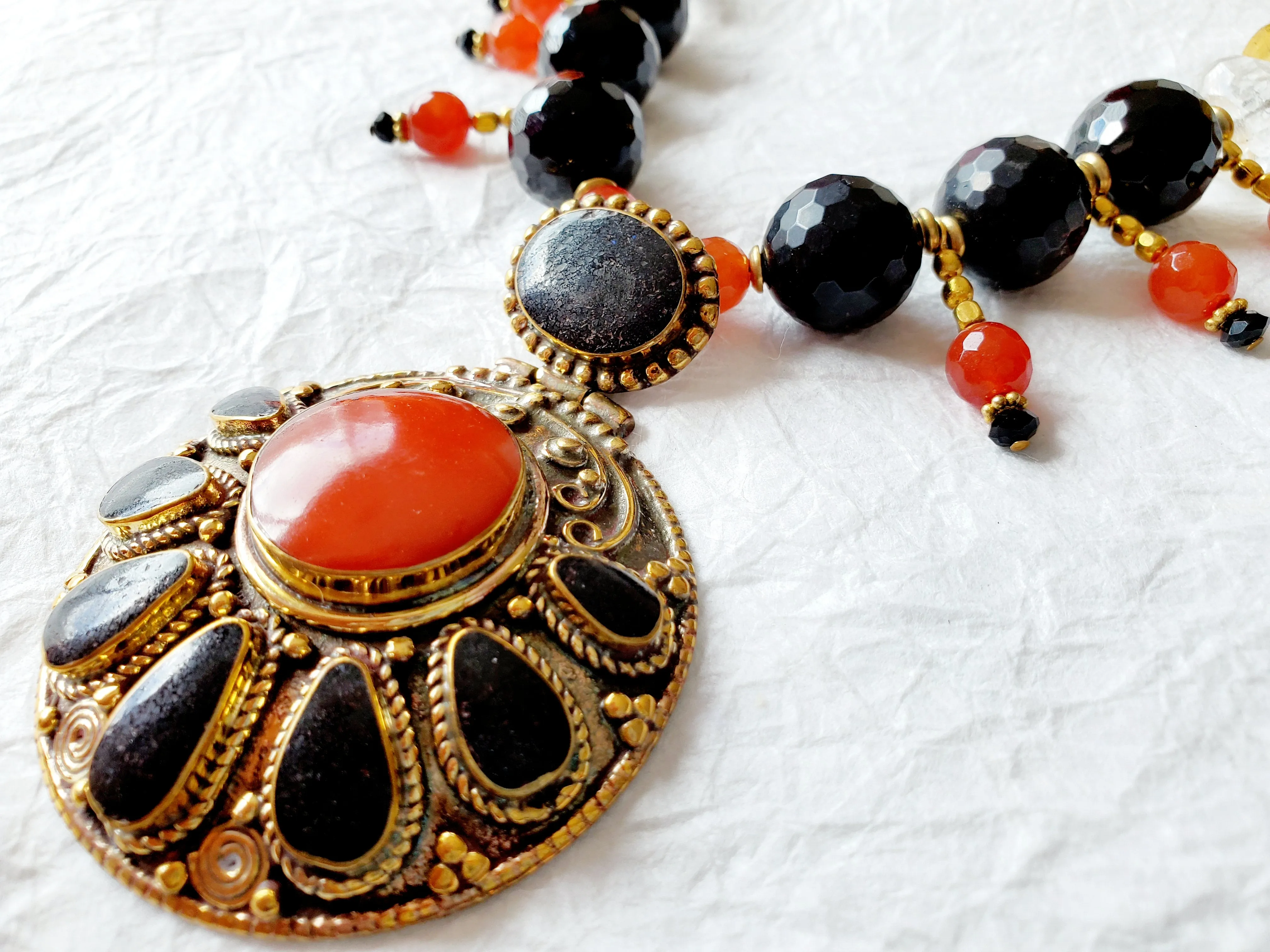 Carnelian Smokey Quartz Solid Brass Nepalese Exotic Bold Statement Necklace, NLO1693 The Falcon