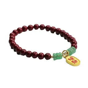 Cinnabar and Gold Sand Aventurine Jade Sterling Silver Bracelet