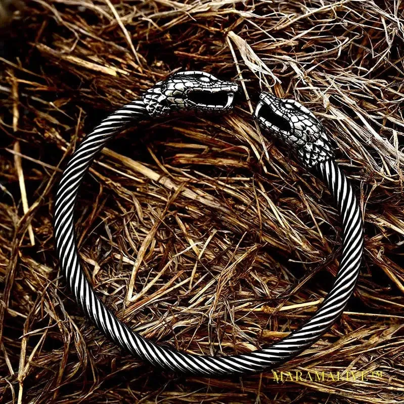 Classic Animal Viking Double Wolf Head Adjustable 316L Stainless Steel Men's Bracelet  Fashion Double Snake Heads Jewelry