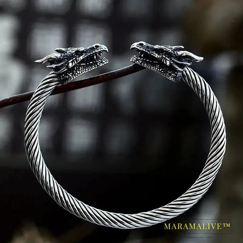 Classic Animal Viking Double Wolf Head Adjustable 316L Stainless Steel Men's Bracelet  Fashion Double Snake Heads Jewelry