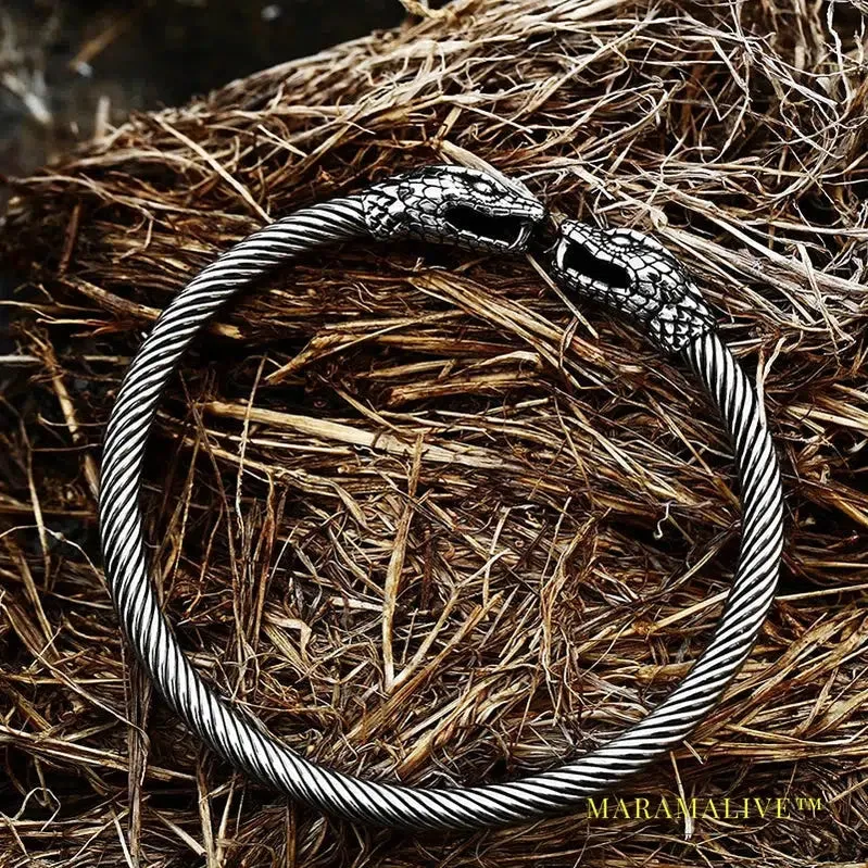 Classic Animal Viking Double Wolf Head Adjustable 316L Stainless Steel Men's Bracelet  Fashion Double Snake Heads Jewelry