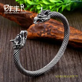 Classic Animal Viking Double Wolf Head Adjustable 316L Stainless Steel Men's Bracelet  Fashion Double Snake Heads Jewelry