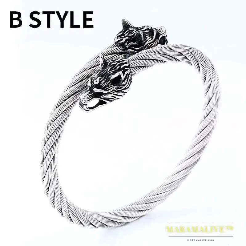 Classic Animal Viking Double Wolf Head Adjustable 316L Stainless Steel Men's Bracelet  Fashion Double Snake Heads Jewelry