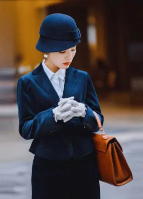 Classy Navy Bow Patchwork Woolen Bucket Hat