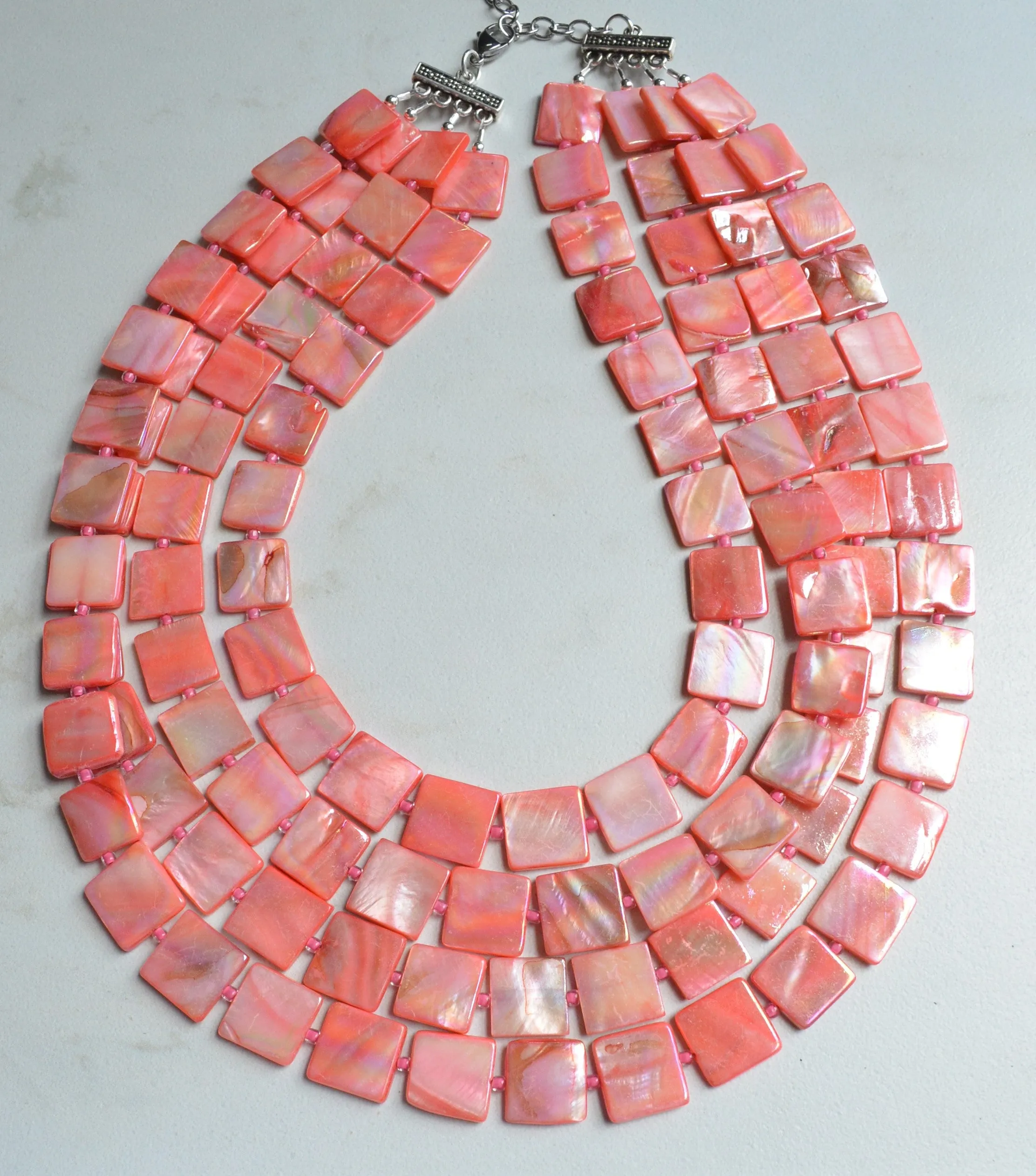 Coral Pink Mother of Pearl Shell Beaded Multi Strand Statement Necklace - Tegan