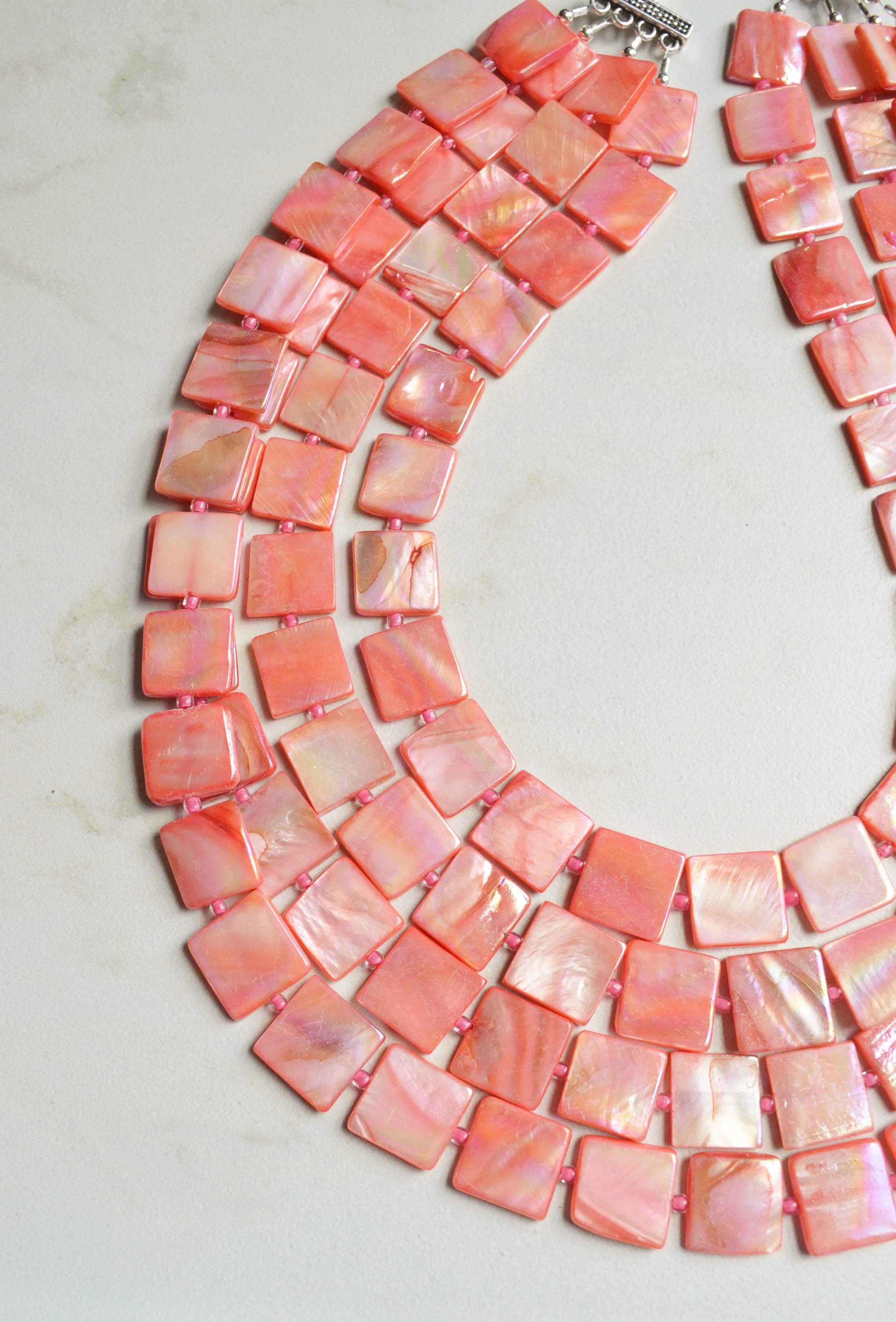 Coral Pink Mother of Pearl Shell Beaded Multi Strand Statement Necklace - Tegan