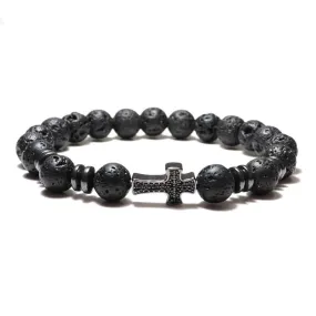 Cross Bead Bracelet <br> Black Lava Stone