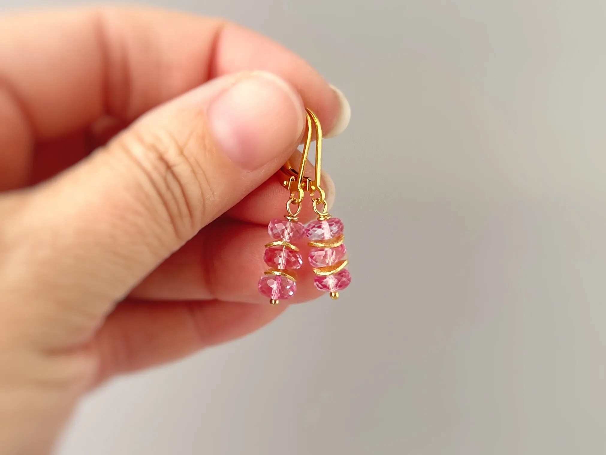 Dainty Pink Topaz earrings dangle Sterling Silver, Rose Gold, 14k Gold fill