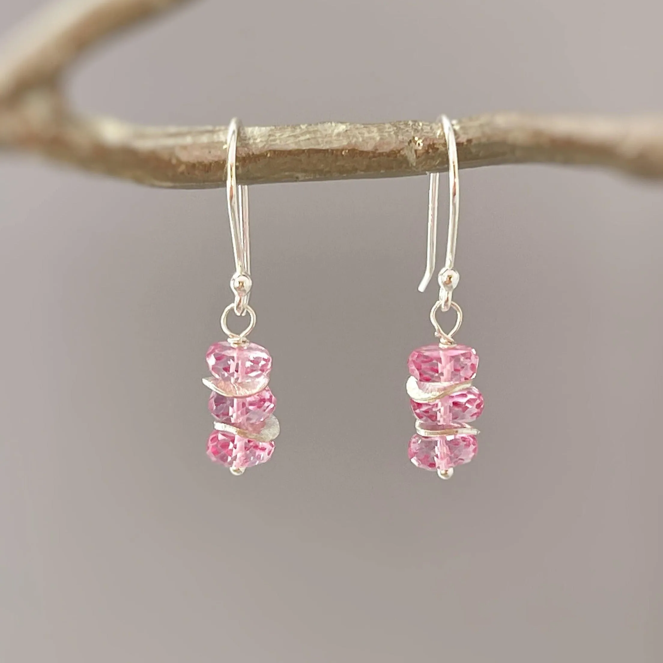 Dainty Pink Topaz earrings dangle Sterling Silver, Rose Gold, 14k Gold fill