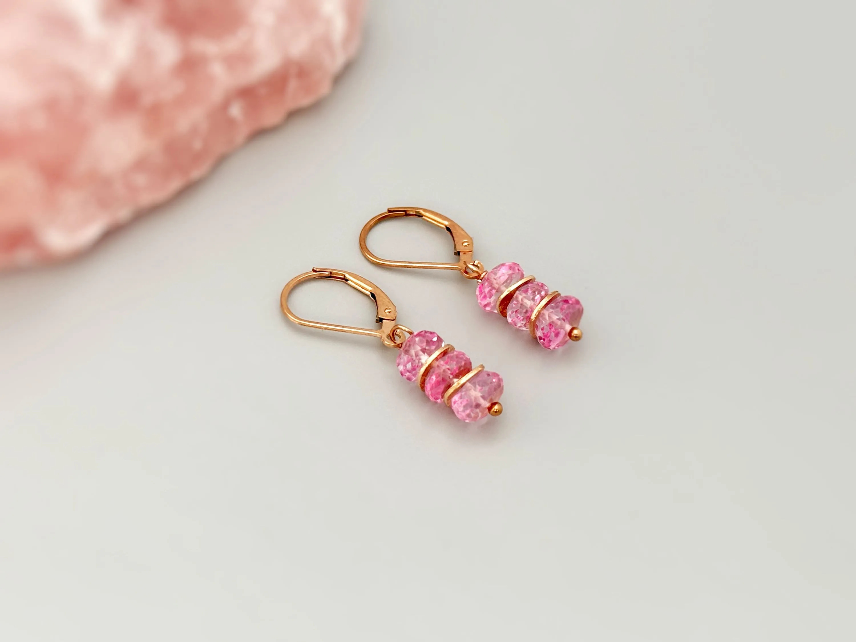 Dainty Pink Topaz earrings dangle Sterling Silver, Rose Gold, 14k Gold fill