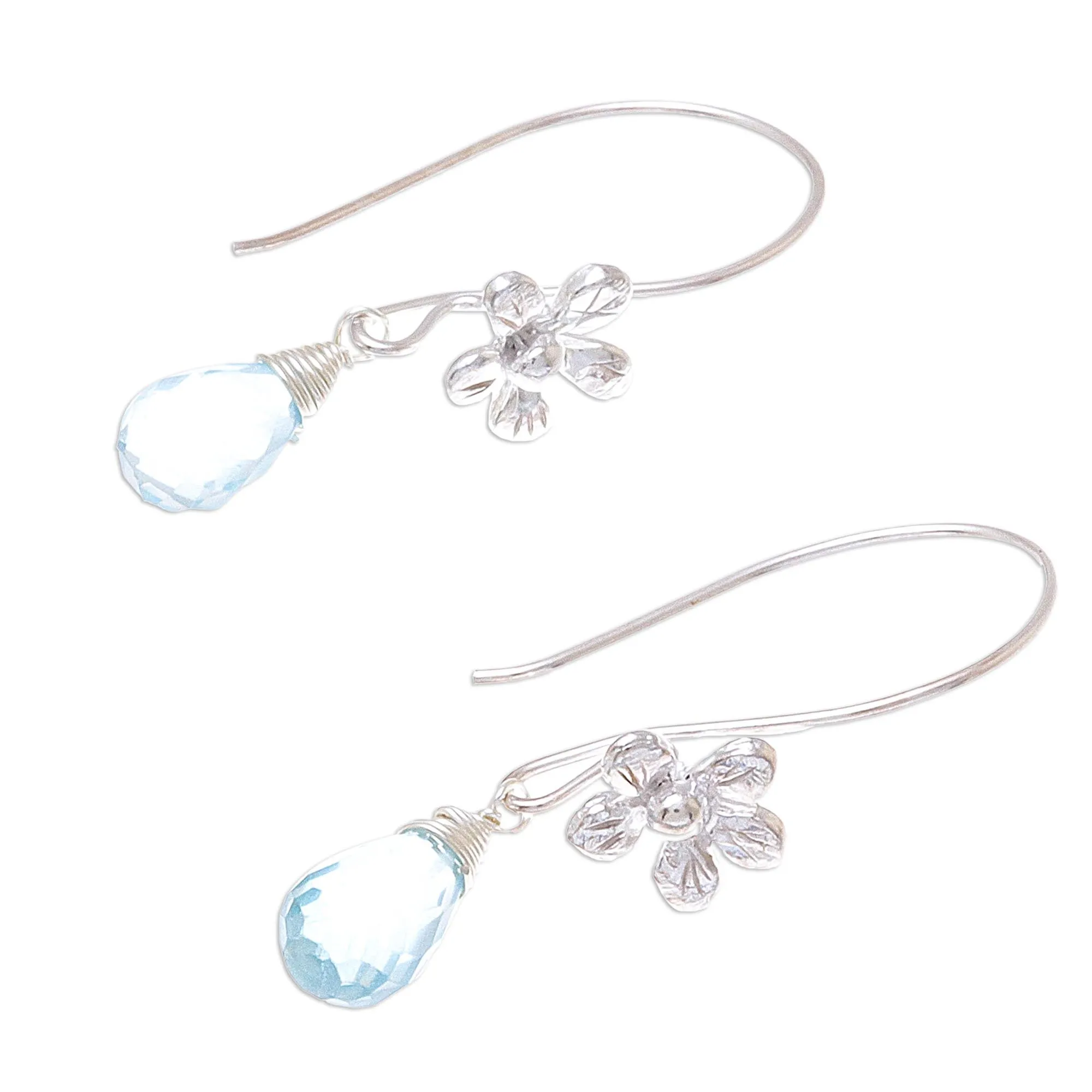 Daisy Glitter Floral Faceted Blue Topaz Dangle Earrings from Thailand