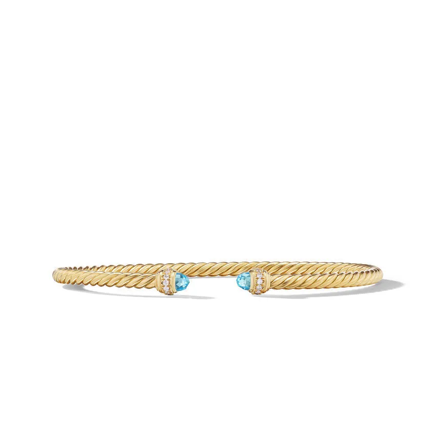 David Yurman Classic Cablespira Bracelet in 18K Yellow Gold with Blue Topaz and Diamonds, 3mm