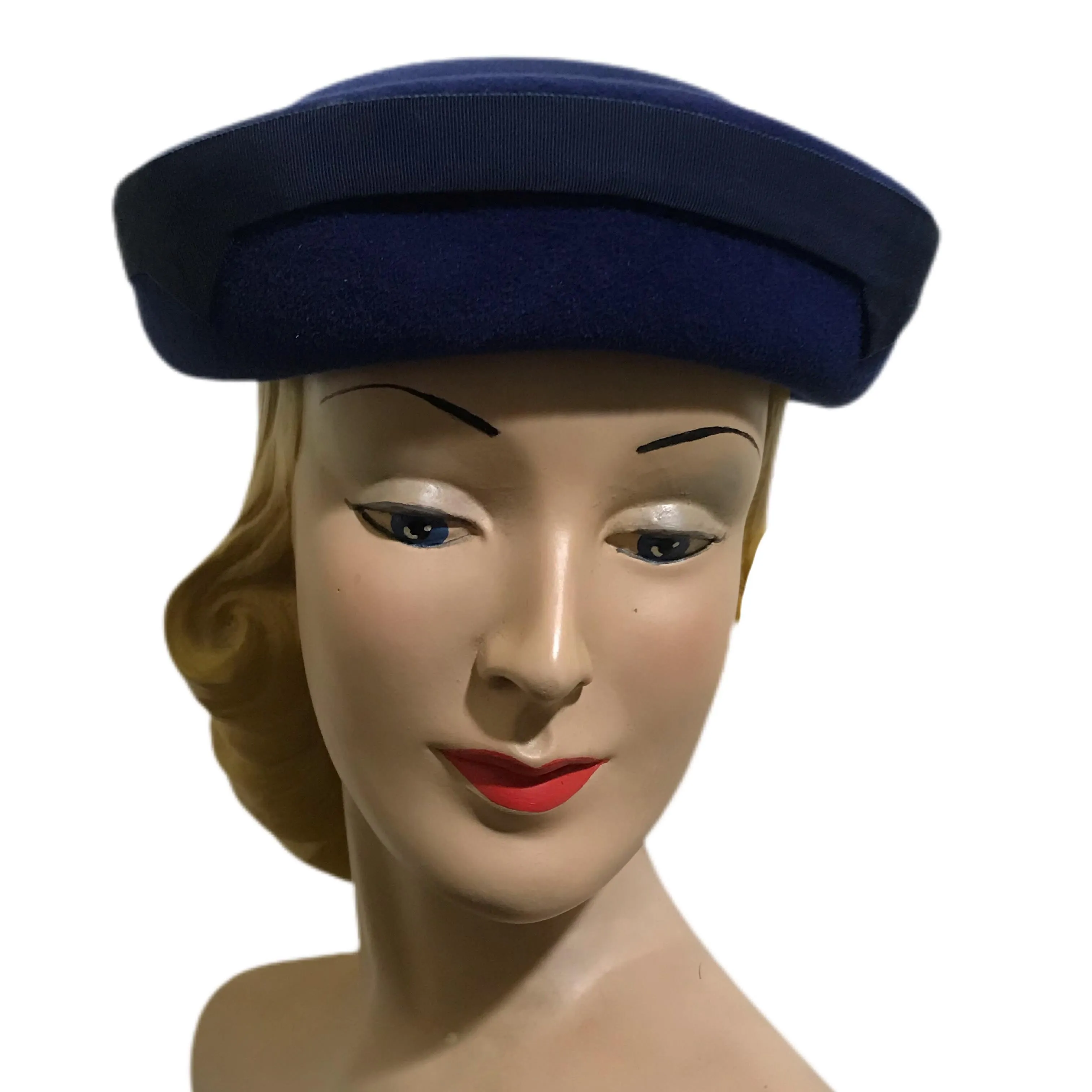 Deep Blue Pill Box Hat with Ribbon Trim circa 1960s