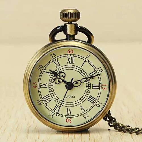 DEFFRUN Vintage Bronze Roman Number Chain Pocket Watch