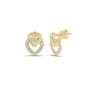 Diamond & Pleated Gold Interlocking Heart Stud Earrings