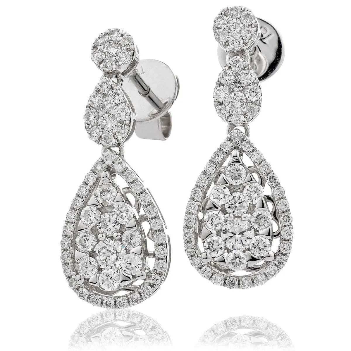 DIAMOND CLUSTER DROP EARRINGS IN 18K WHITE GOLD