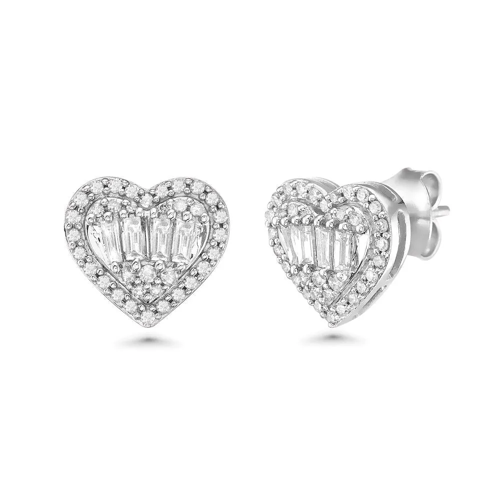 Diamond Double Halo Baguette Heart Shape Studs Earrings (0.75 ct.) in 14K Gold