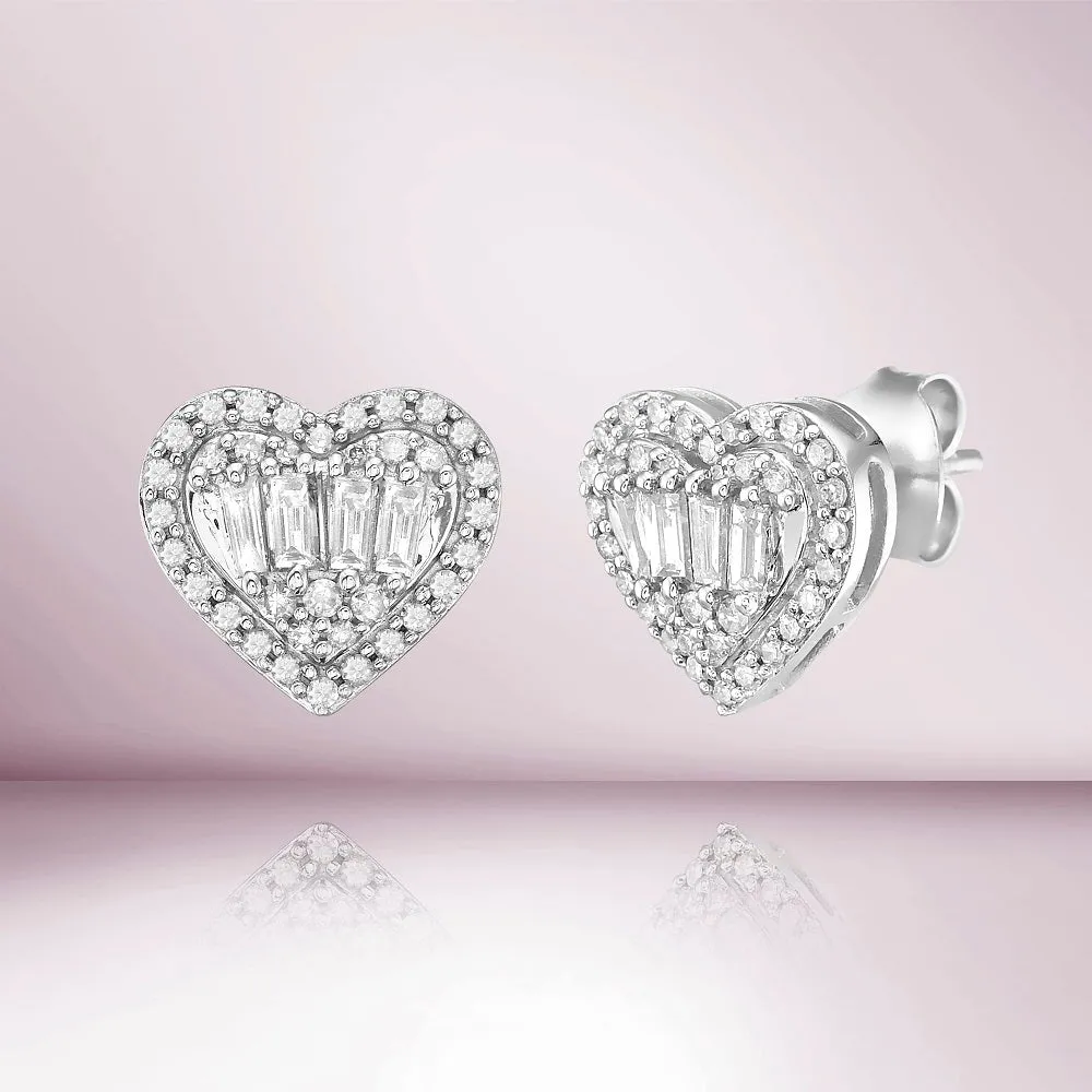 Diamond Double Halo Baguette Heart Shape Studs Earrings (0.75 ct.) in 14K Gold