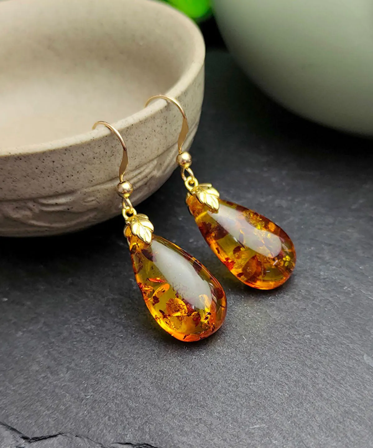 DIY Yellow 14K Gold Amber Water Drop Drop Earrings LY7838