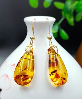 DIY Yellow 14K Gold Amber Water Drop Drop Earrings LY7838