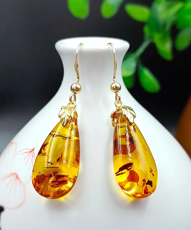 DIY Yellow 14K Gold Amber Water Drop Drop Earrings TW1038