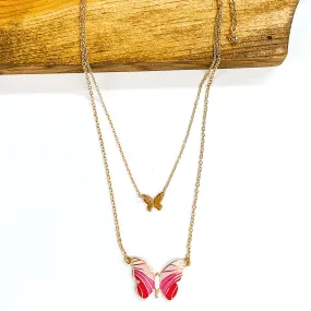 Double Gold Chain Necklace with a Butterfly Pendant in Pink