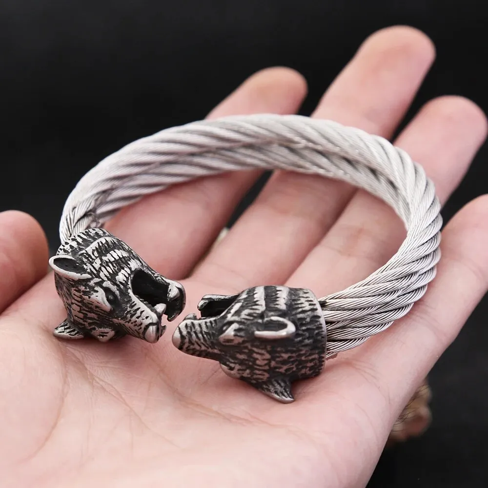 Double Wolf Head Cable Viking Bracelet