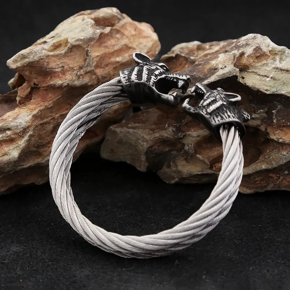 Double Wolf Head Cable Viking Bracelet