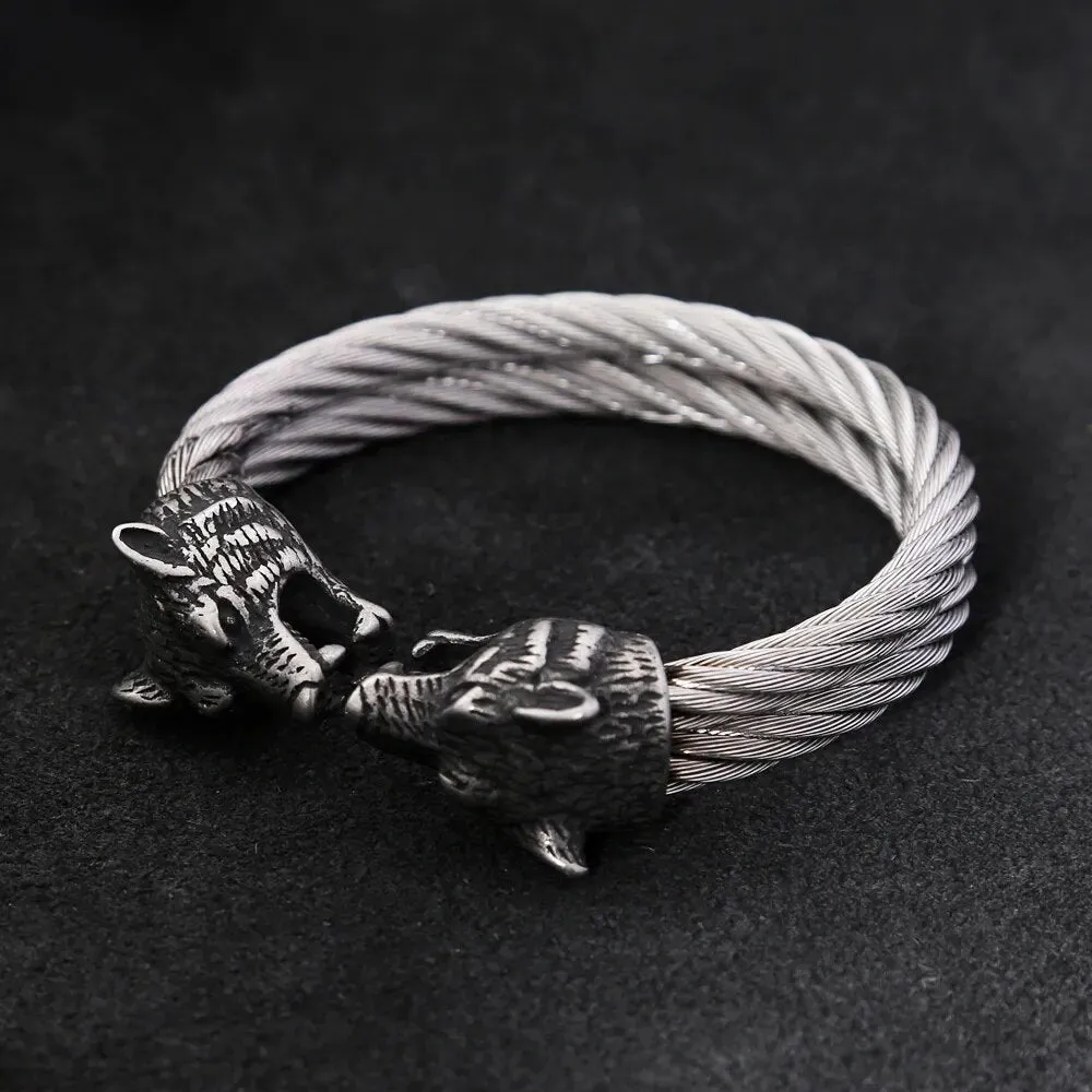 Double Wolf Head Cable Viking Bracelet