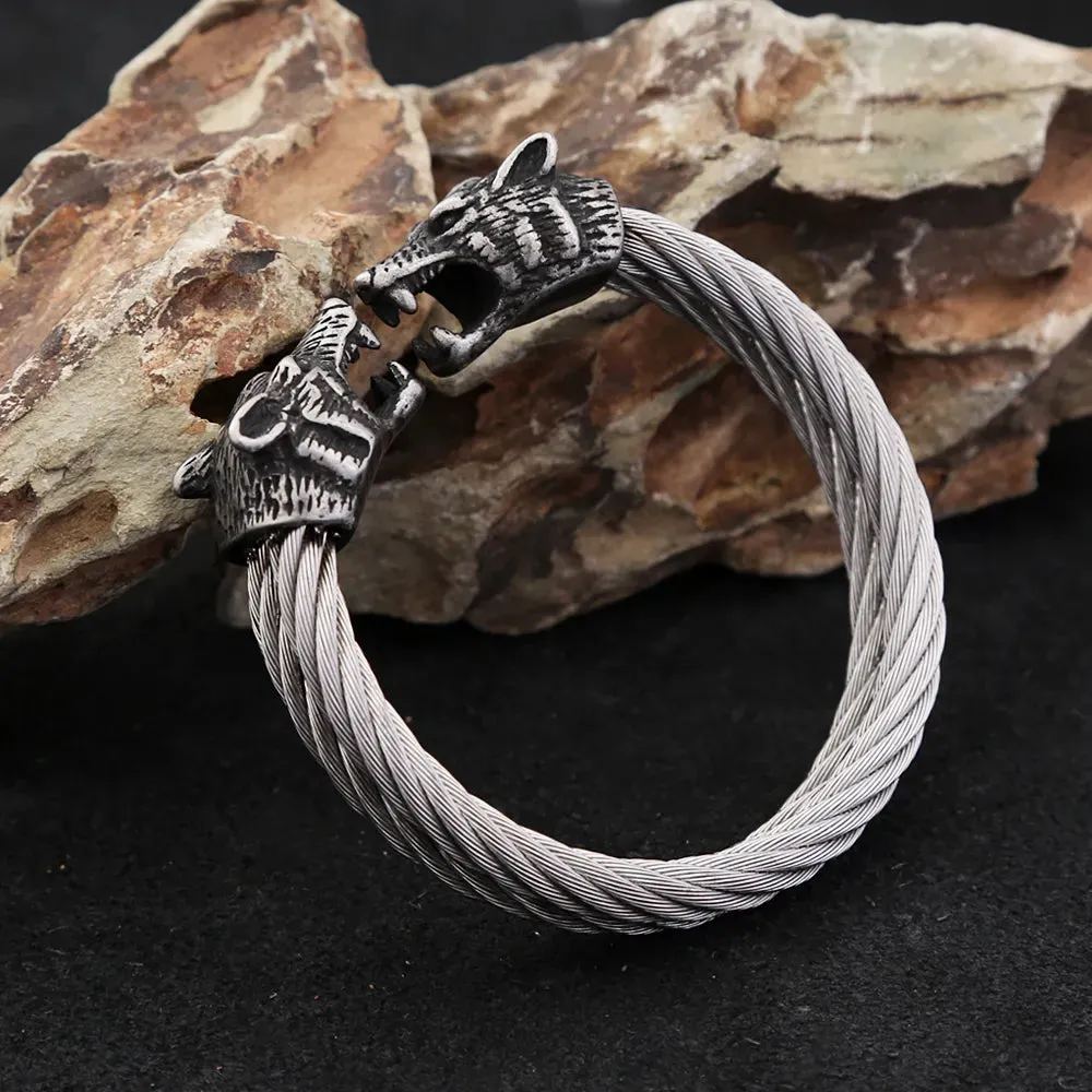 Double Wolf Head Cable Viking Bracelet