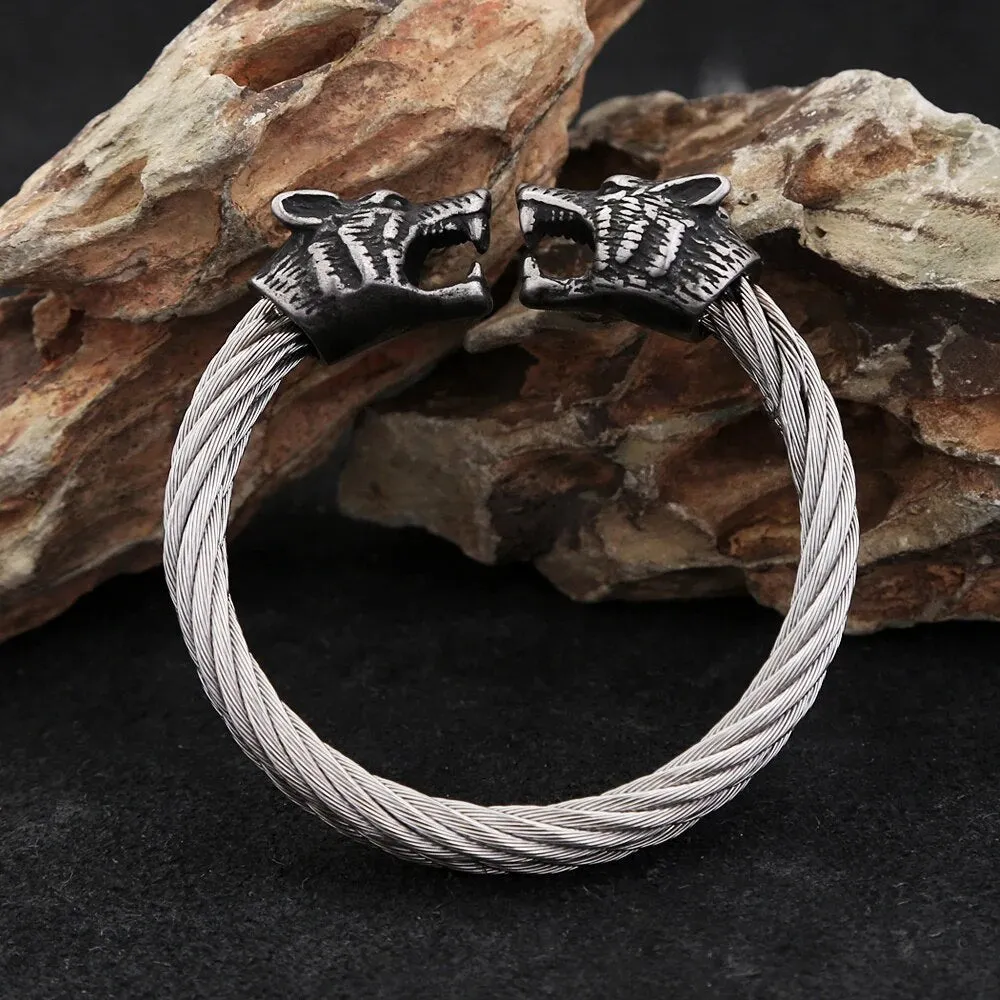 Double Wolf Head Cable Viking Bracelet