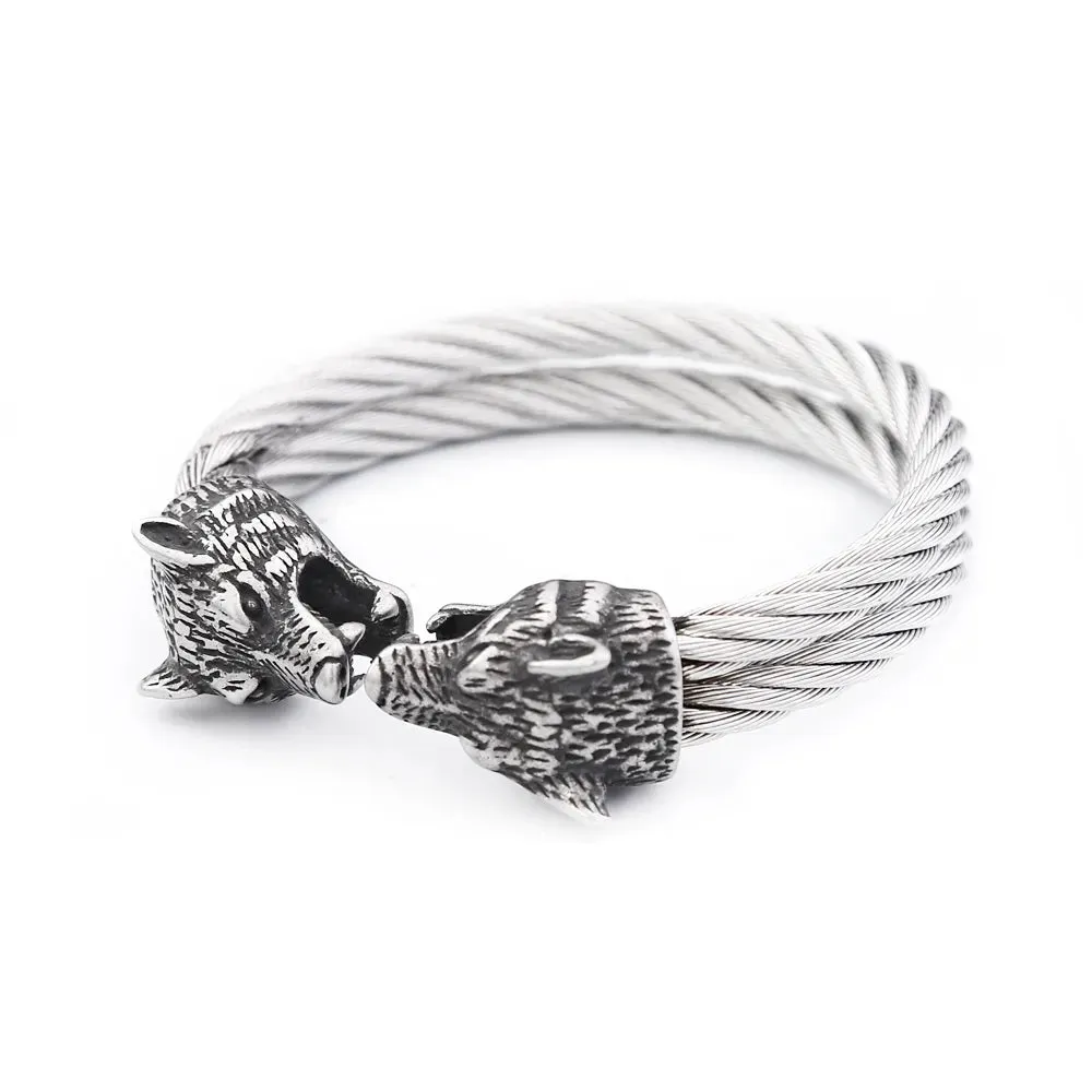 Double Wolf Head Cable Viking Bracelet