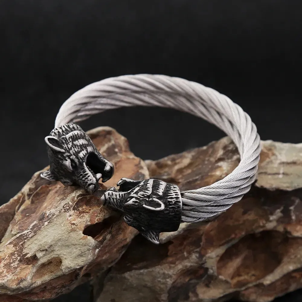 Double Wolf Head Cable Viking Bracelet