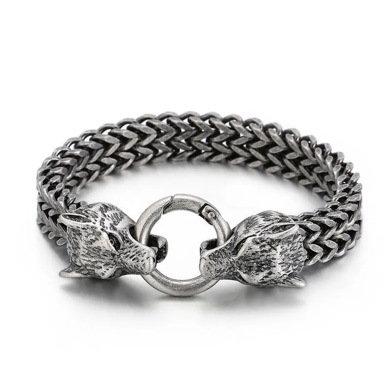 Elegant Double Wolf Head Men's Bracelet in Electroplated Titanium Steel