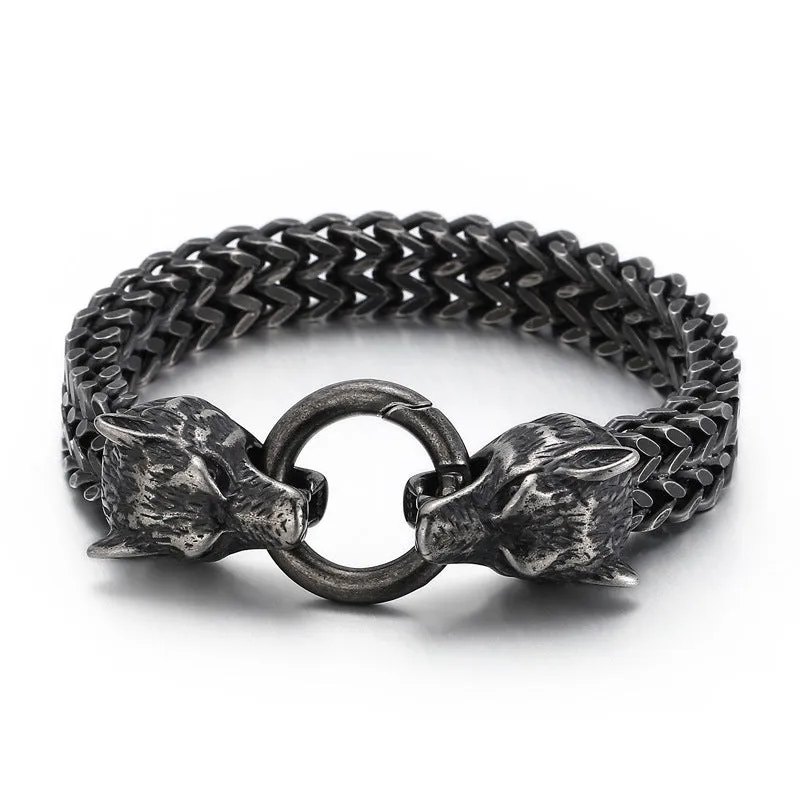 Elegant Double Wolf Head Men's Bracelet in Electroplated Titanium Steel