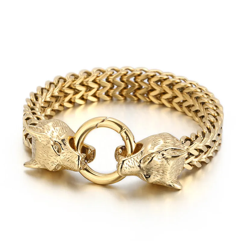 Elegant Double Wolf Head Men's Bracelet in Electroplated Titanium Steel