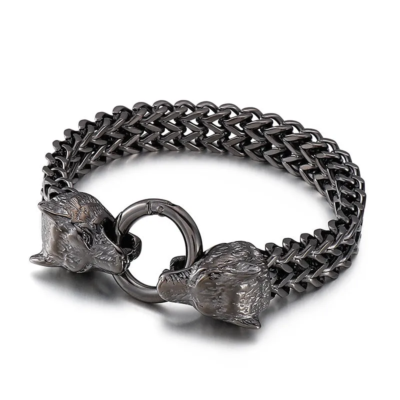 Elegant Double Wolf Head Men's Bracelet in Electroplated Titanium Steel