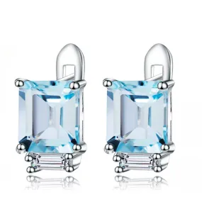 Emerald Cut Natural Blue Topaz Stud Earrings