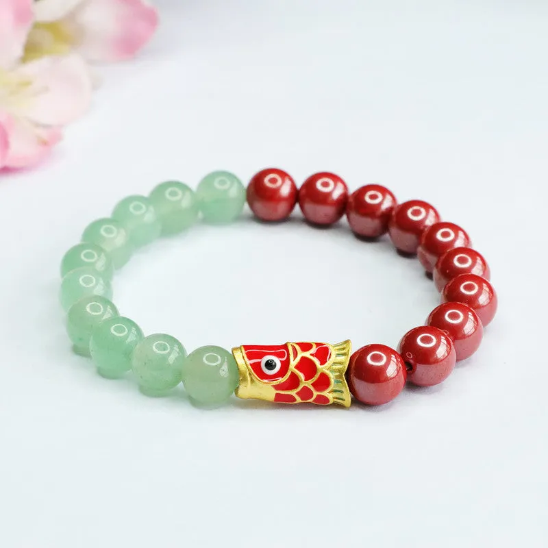 Emperor Cinnabar and Green Aventurine Jade Bracelet with Koi Fish Symbol