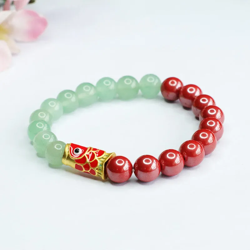 Emperor Cinnabar and Green Aventurine Jade Bracelet with Koi Fish Symbol