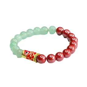 Emperor Cinnabar and Green Aventurine Jade Bracelet with Koi Fish Symbol