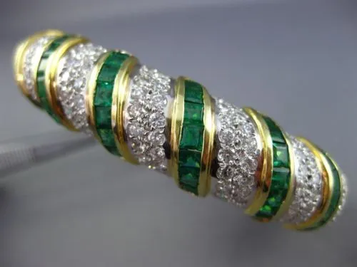 ESTATE WIDE 12.52CT DIAMOND & AAA EMERALD 18KT TWO TONE GOLD MULTI ROW BANGLE