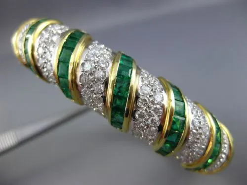 ESTATE WIDE 12.52CT DIAMOND & AAA EMERALD 18KT TWO TONE GOLD MULTI ROW BANGLE