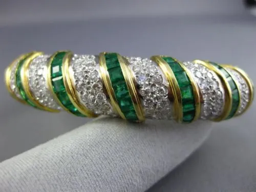 ESTATE WIDE 12.52CT DIAMOND & AAA EMERALD 18KT TWO TONE GOLD MULTI ROW BANGLE