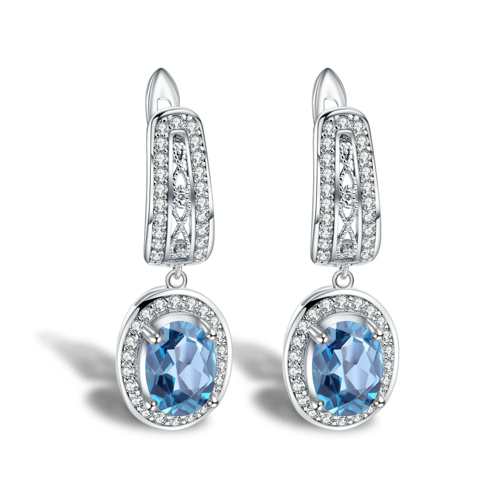 European Inlaid Natural Topaz Soleste Halo Oval Shape Silver Drop Earrings for Women