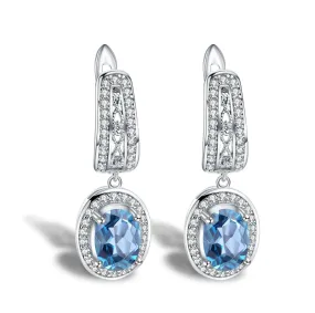 European Inlaid Natural Topaz Soleste Halo Oval Shape Silver Drop Earrings for Women